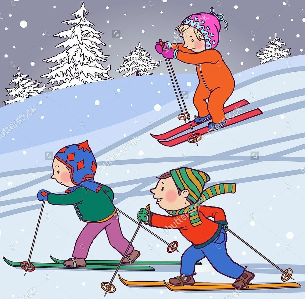 Зима дети катаются на лыжах