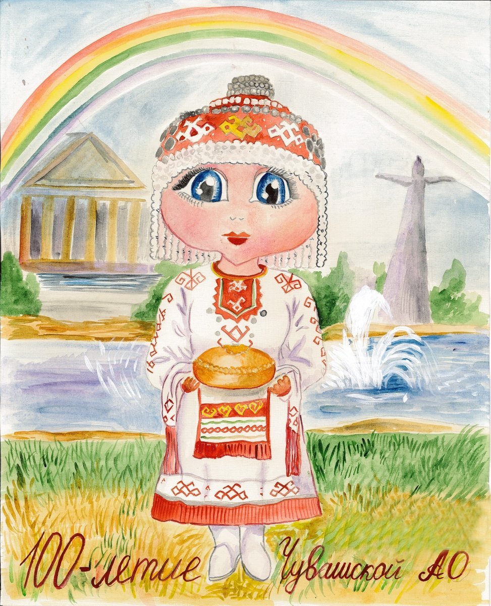 Рисунок девушки в чувашском костюме с хлебом