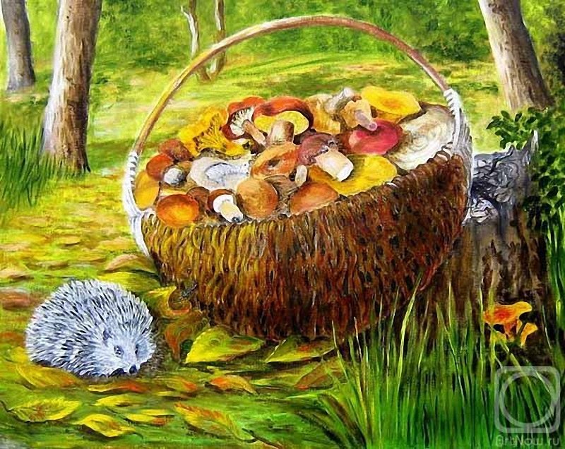 Ежик собирал грибы. Ккартина "в лес по грибы" л.Новоселовой. Корзина с грибами. Корзинка с грибами для детей. Грибы в живописи.