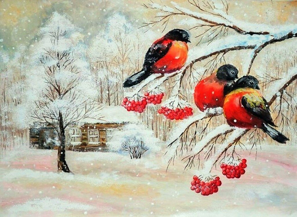 Зимняя открытка картинки. Зимний пейзаж с рябиной. Снегири. Пейзаж со снегирями. Зима рисунок.