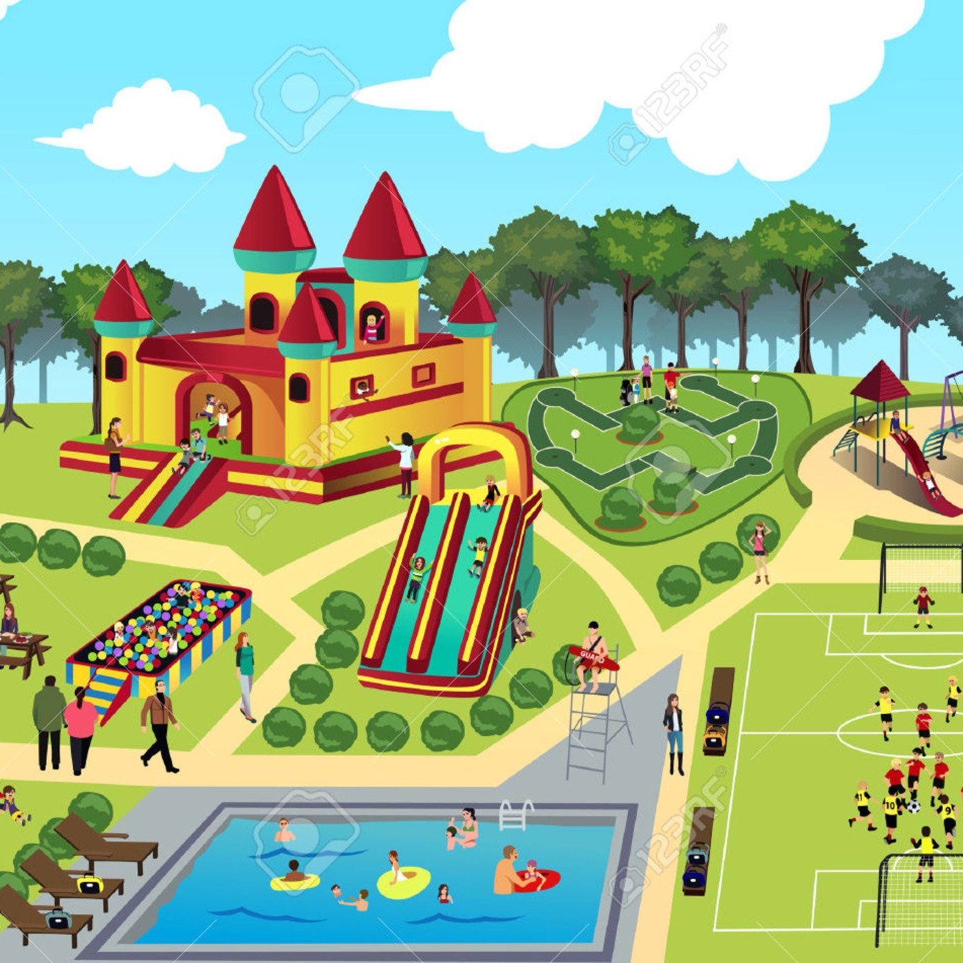 Парк с детской площадкой с детьми нарисованный