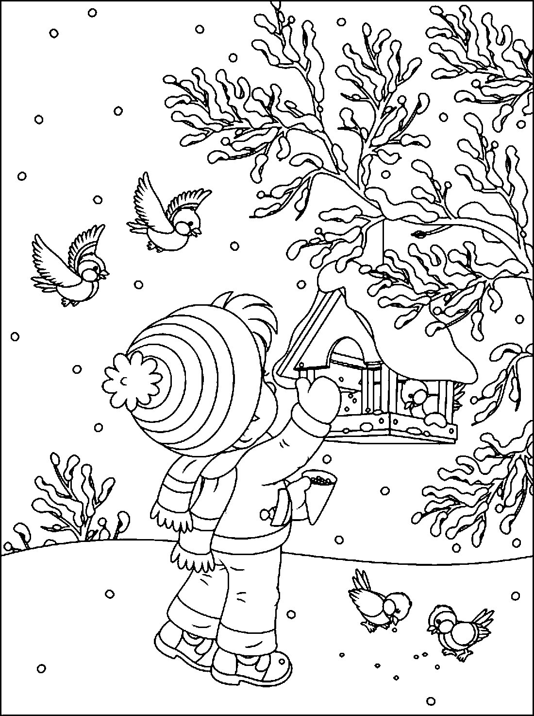 Раскраска зимняя кормушка для птиц для детей
