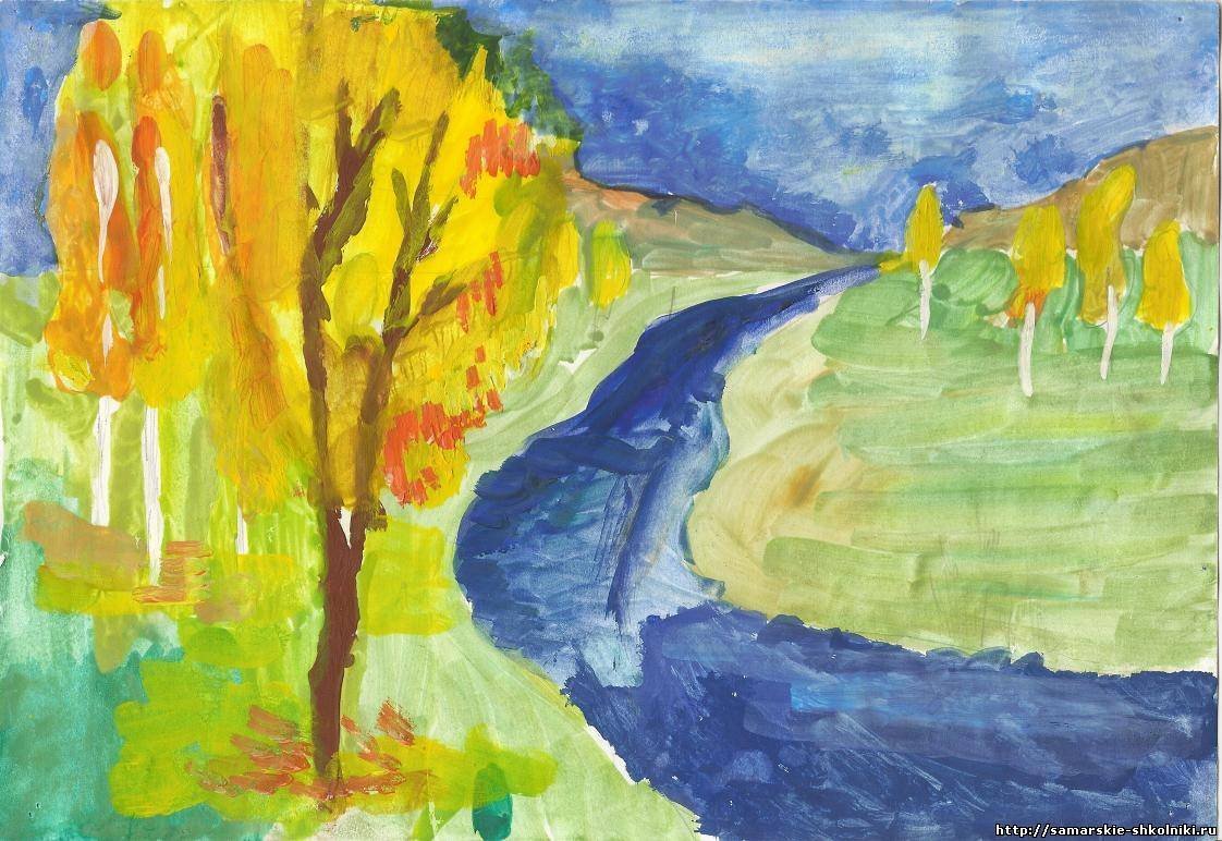 Живопись 6 7 лет. Рисование осеннего пейзажа. Детский пейзаж. Детские рисунки красками. Детский пейзаж красками.