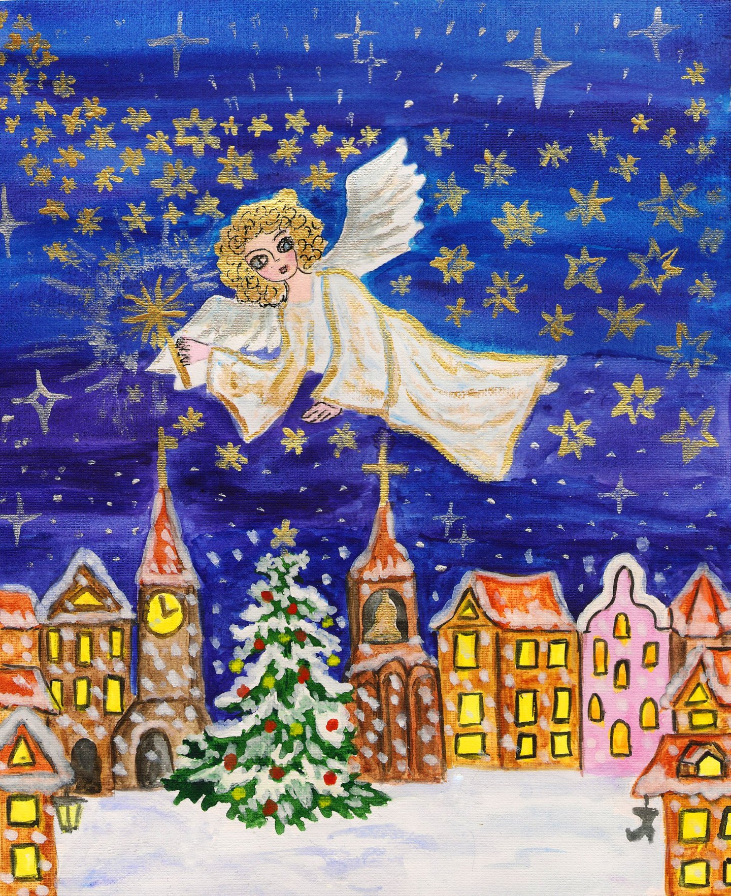 Рождественский ангел гуашью