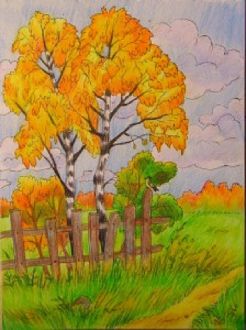 Осень картинки пошагово. Рисунок осень. Осень цветными карандашами для детей. Рисование осеннего пейзажа. Осенний пейзаж цветными карандашами.