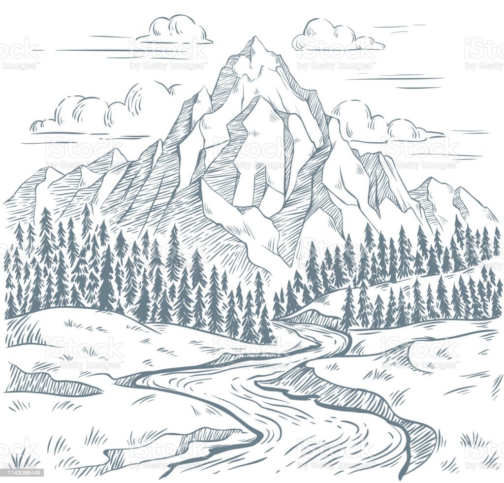 Рисунок карандашом горы и река