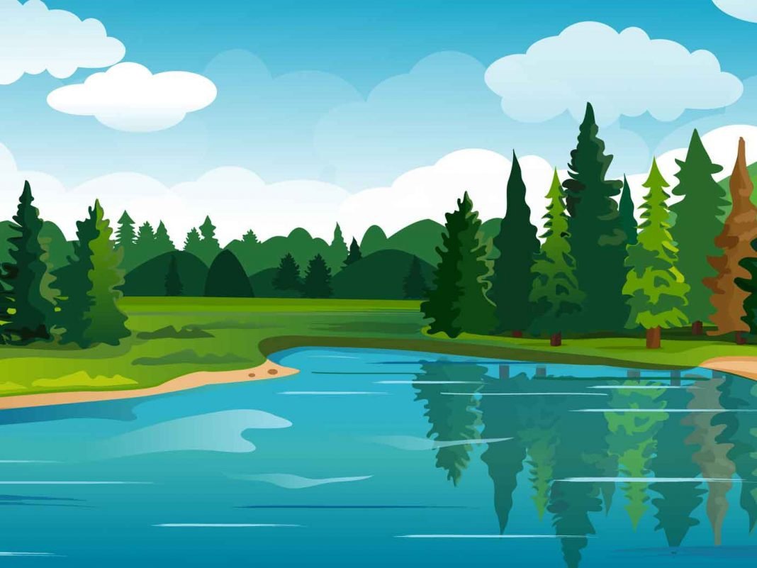 Детские рисунки озеро в лесу картинки