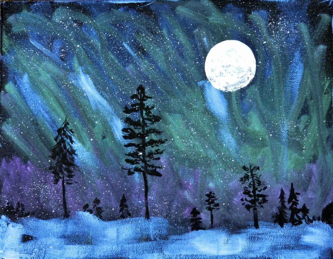 Лес красками зимний ночной