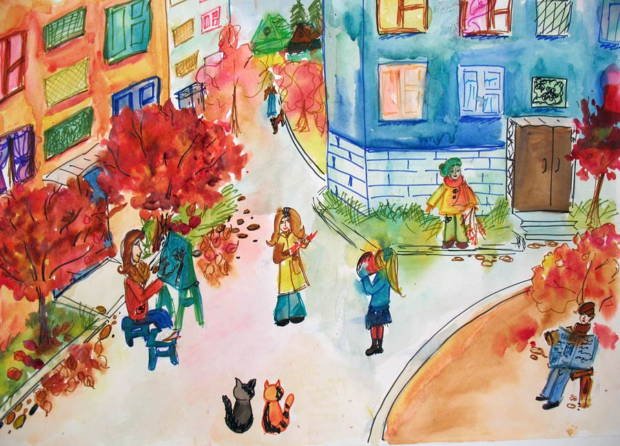 Двор рисунок. Праздник в городе рисунок. Рисунок на тему школа. Детские рисунки города. Четыре предложения на тему моя улица