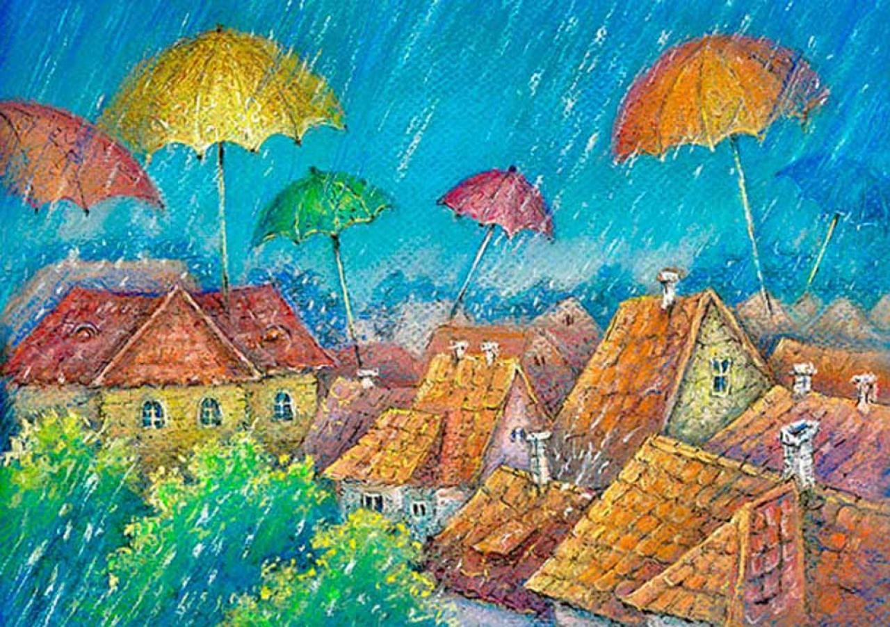 Под зонтиком песня. Сказочный город под дождем. Дождь рисунок. Сказочный дождь.