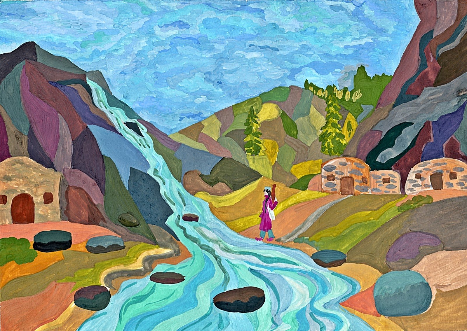 Произведение легкие горы. Сакля Расула Гамзатова. Аул Дагестан иллюстрации. Аулы горного Дагестана рисунки детей. Стилизованный пейзаж.