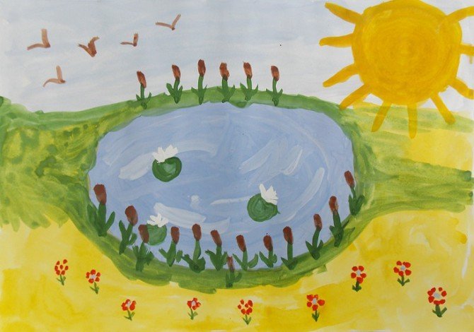 Детские рисунки озера. Детские рисунки озеро. Озеро рисунок для детей. Озеро для дошкольников. Детский рисунок водоема.