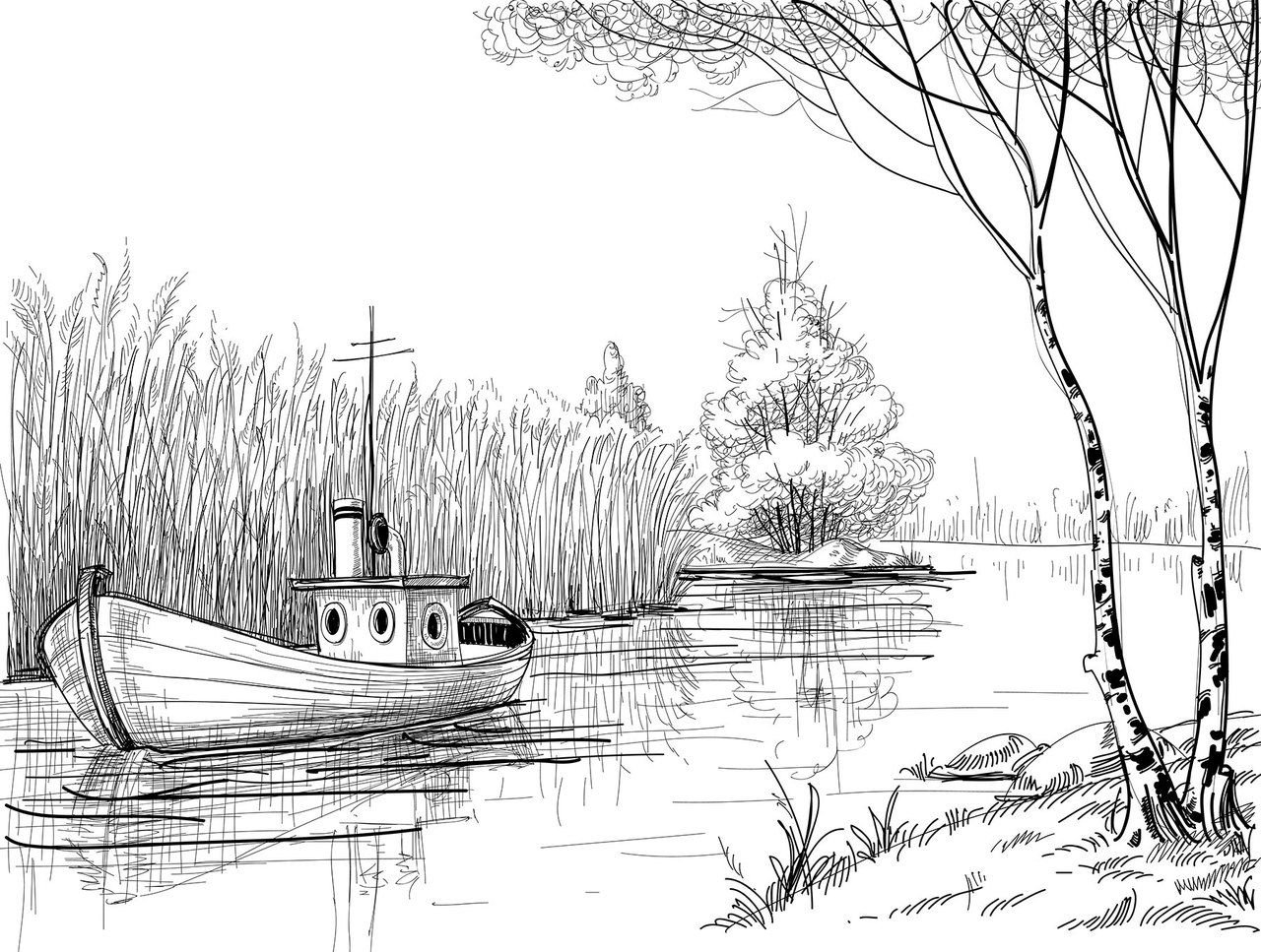 Рисунки карандашом для срисовки пейзажи лодка