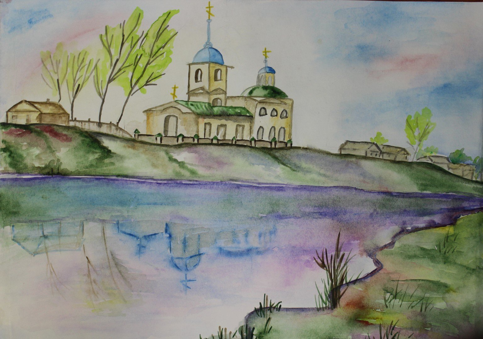 Церковь на берегу реки рисунок