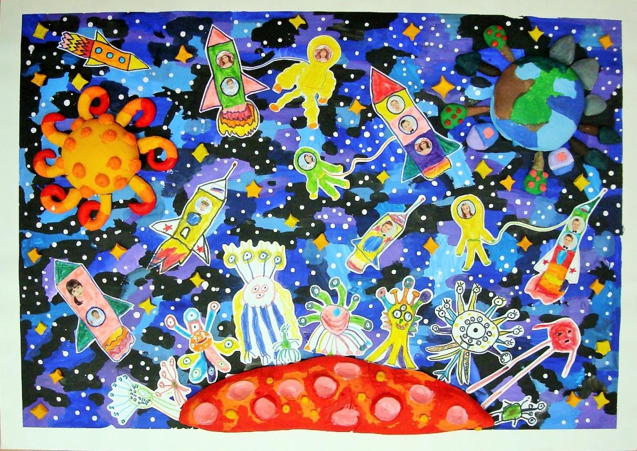 Тема космос в детском саду подготовительная. Коллективное панно полет на луну. Коллективное рисование. Космос коллективная работа в детском саду. Рисование для детей космос.