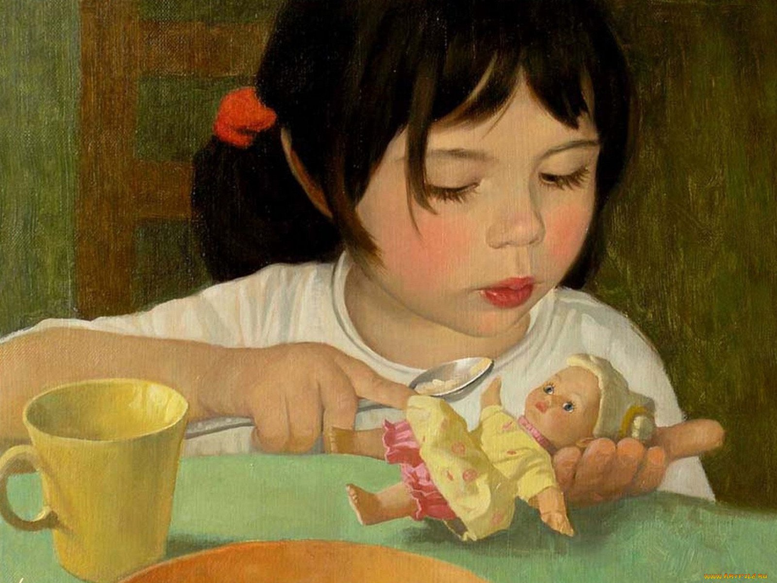 Картинка девочка с куклой. Живопись Татьяны Дерий.