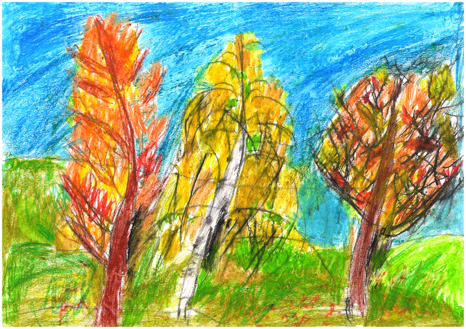 Осень картинки пошагово. Осенний лес рисунок. Осень цветными карандашами для детей. Осень восковыми мелками. Пейзаж осени цветными карандашами.