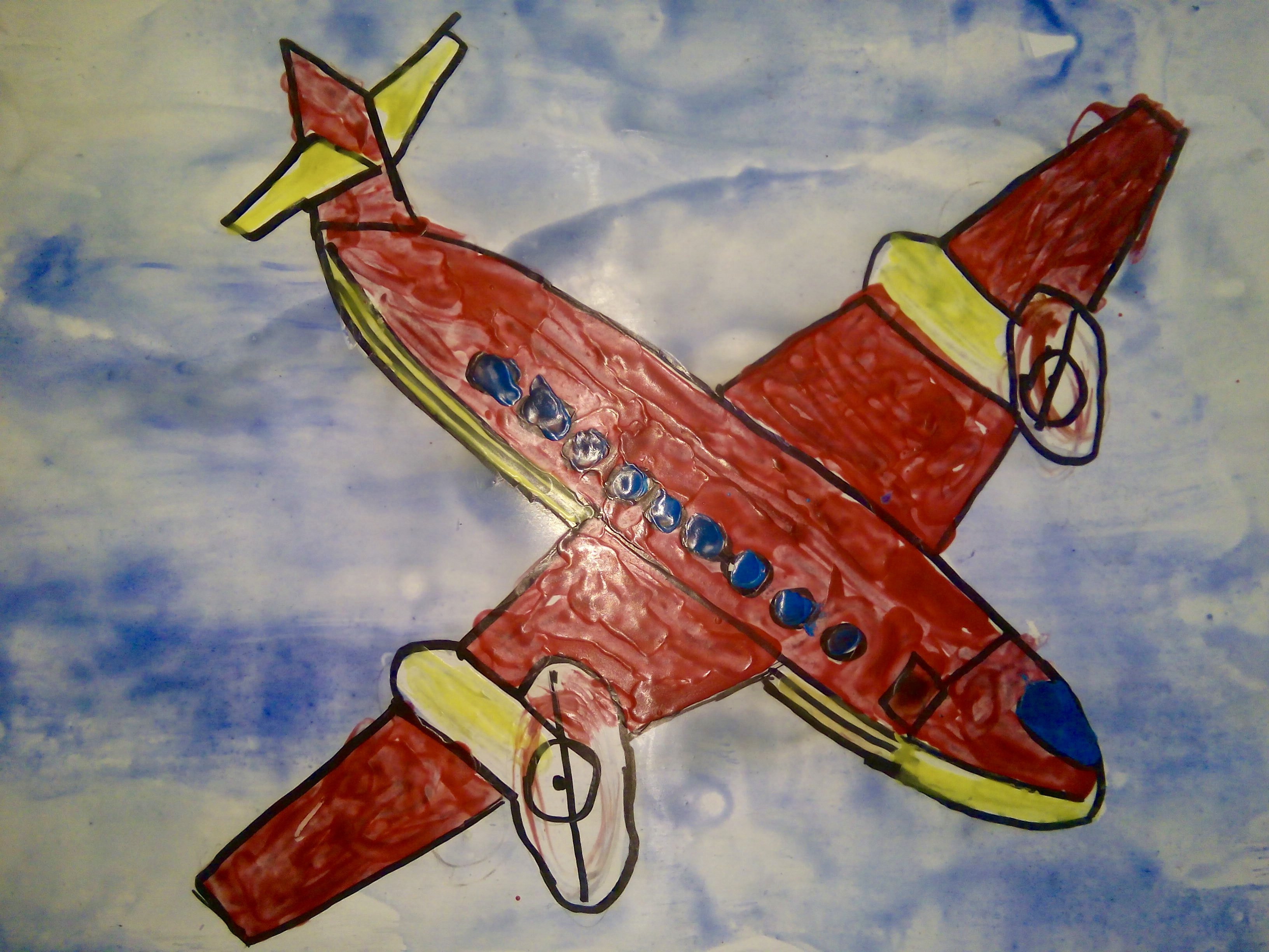Самолет красками для детей