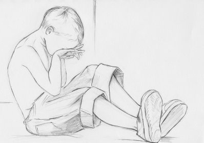 Мальчик на скамейке рисунок