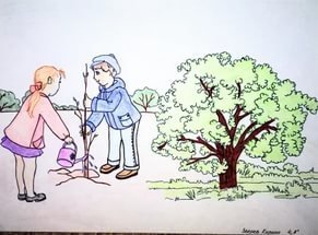 Мальчик и девочка сажают дерево