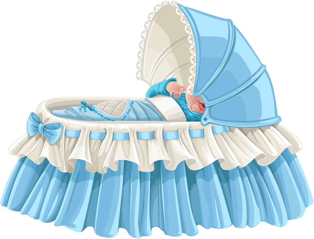 Ребенок в люльке. Колыбелька на прозрачном фоне. Голубая кроватка для новорожденного. Колыбелька голубая для малышей.