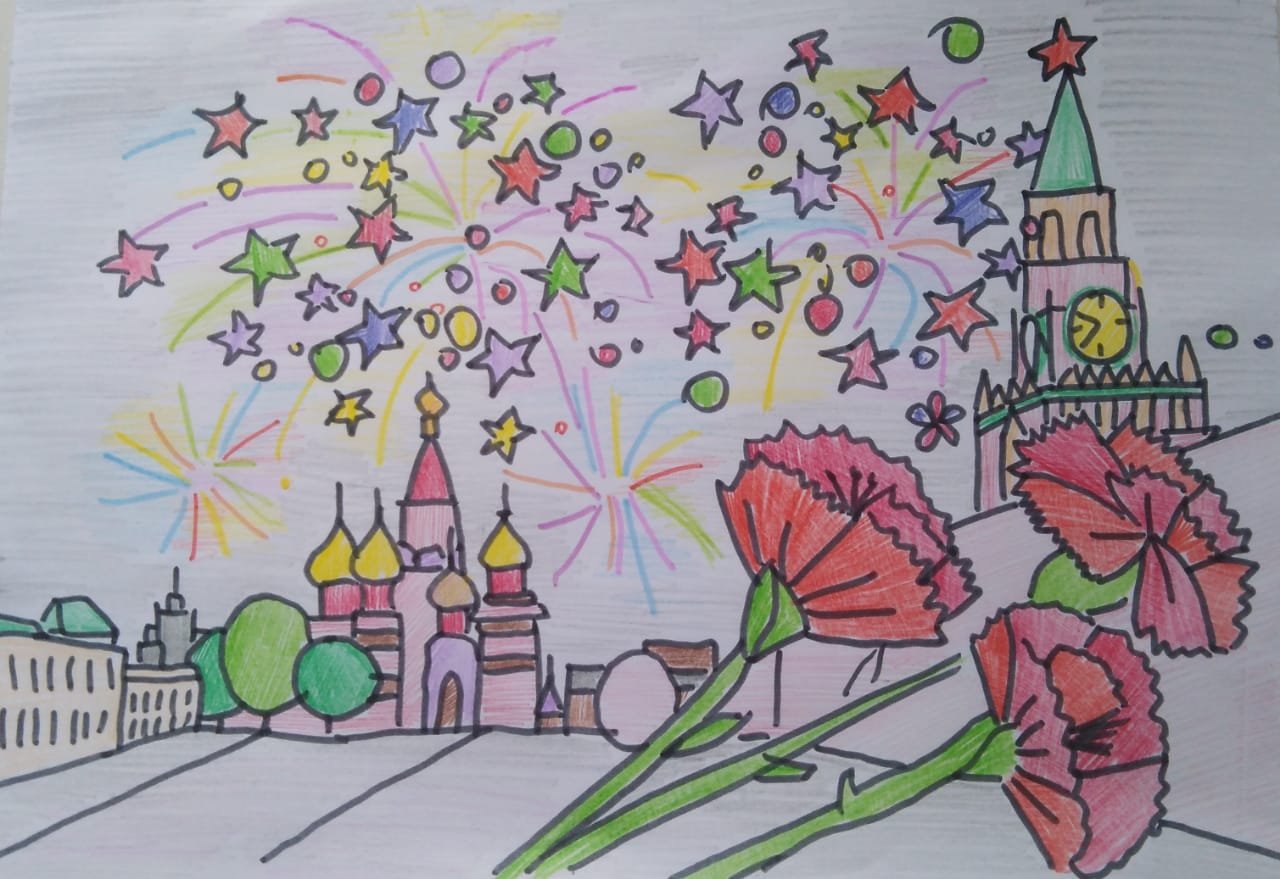 Цветочный город с салютом рисованная картинка