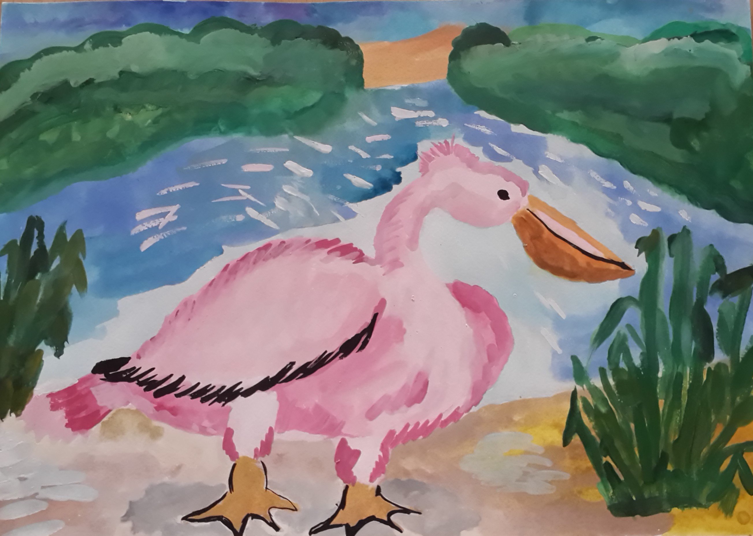Рисунок пеликана с детьми красками