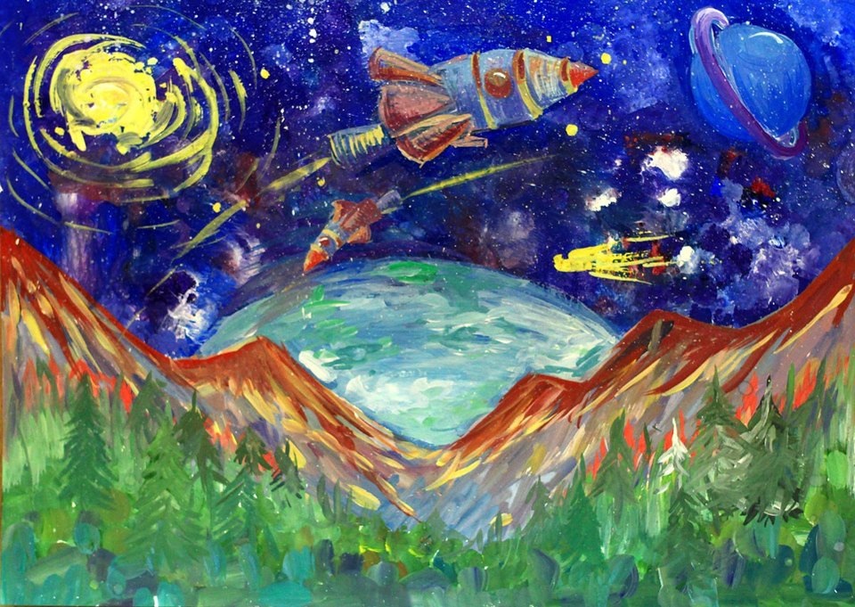 Космос мир фантазий рисунок. Рисунок на тему космос. Рисование космос. Космический пейзаж для детей. Рисование для детей космос.