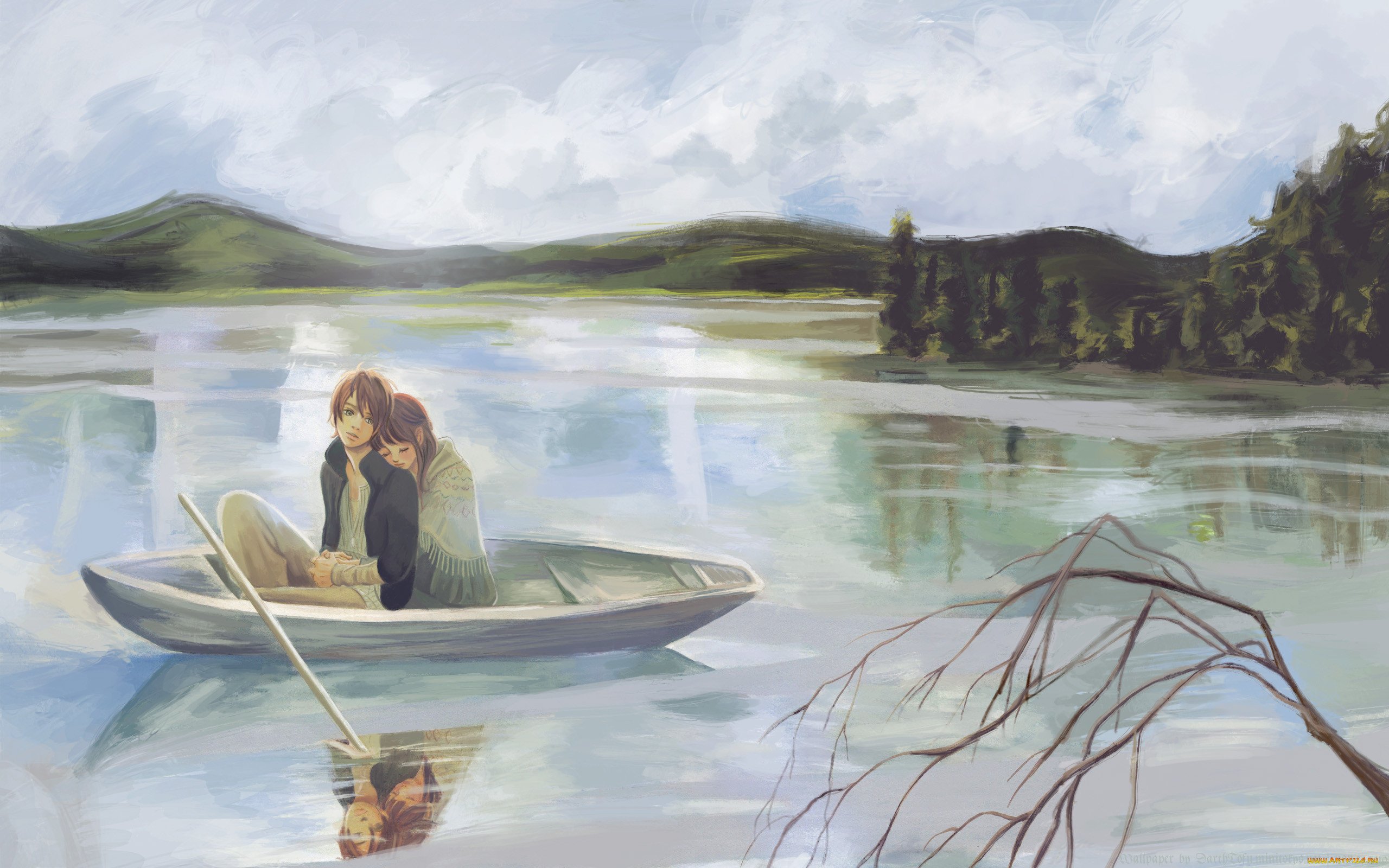 Картина лодка на озере