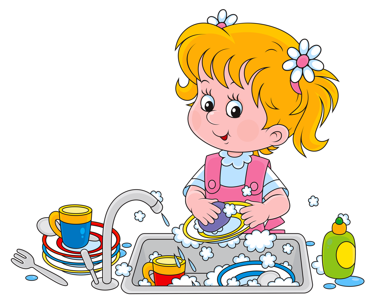 Mère et fille, laver la vaisselle. Concept commun de travail des mères et des filles. Fille aide ...