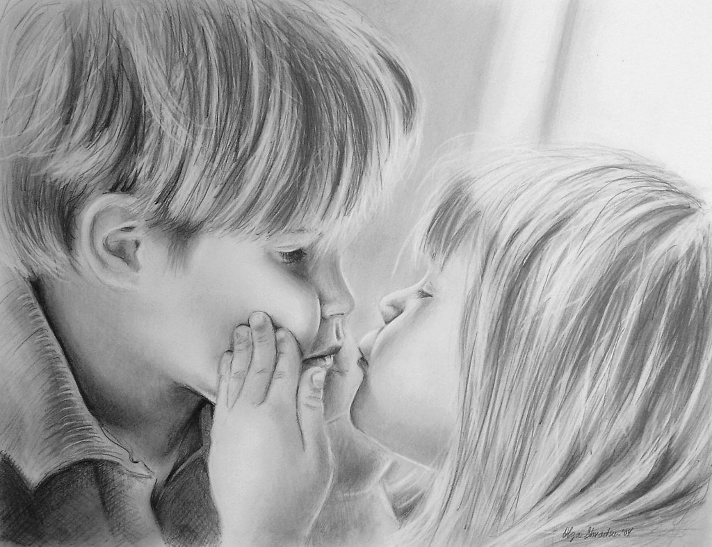 Девочка целует мальчика рисунок