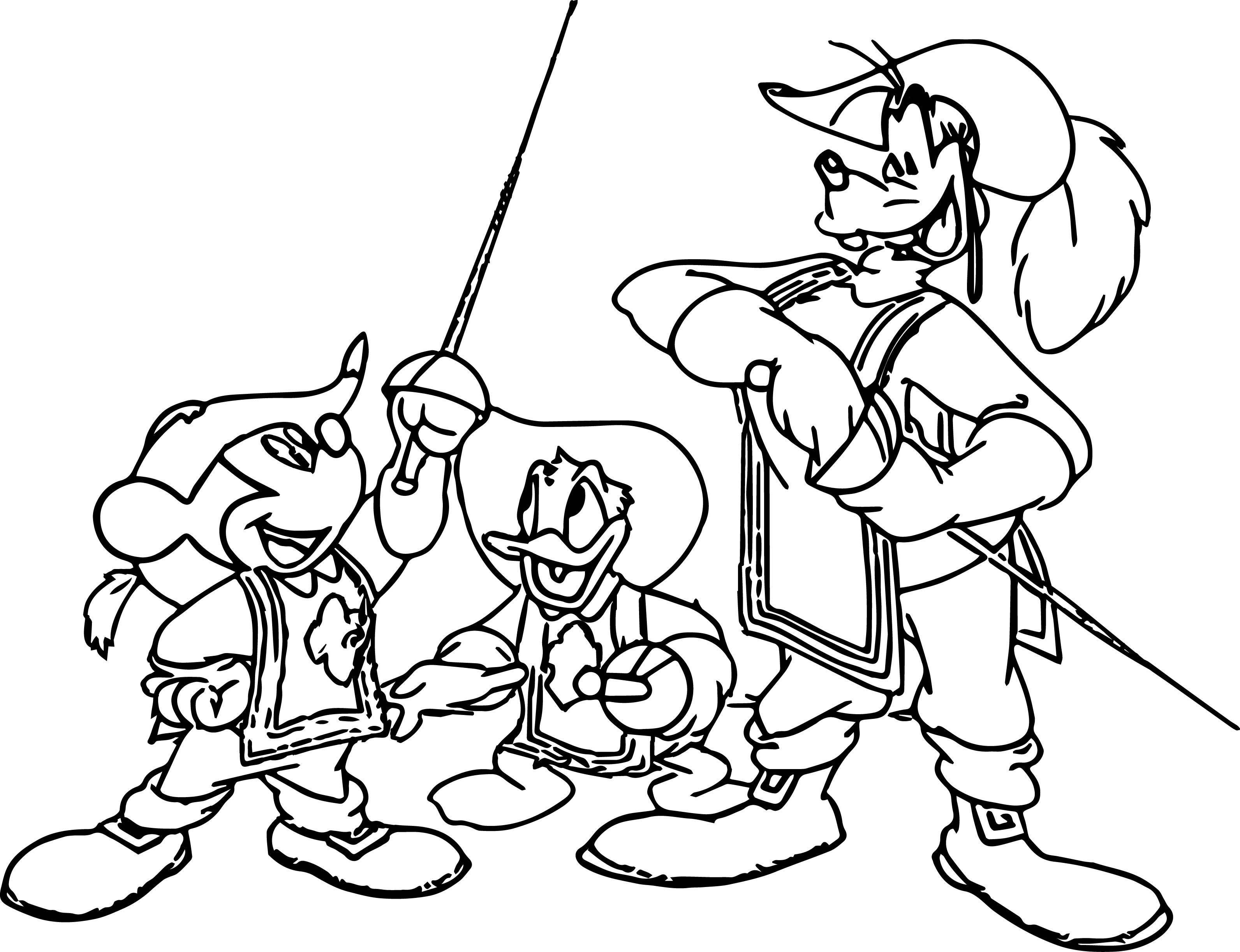 Раскраска три мушкетера Микки Дональд Гуфи