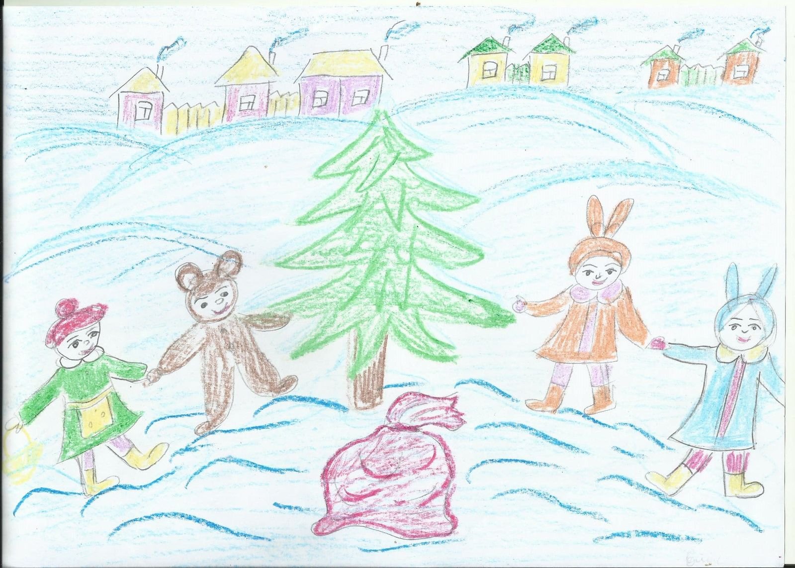Детский рисунок зима карандашами
