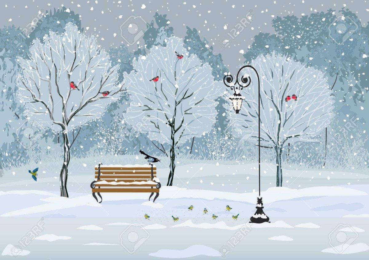 Зимняя скамейка в парке рисунок