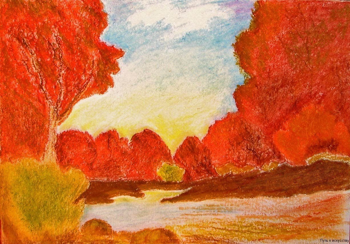 Осенний пейзаж цветными карандашами для детей