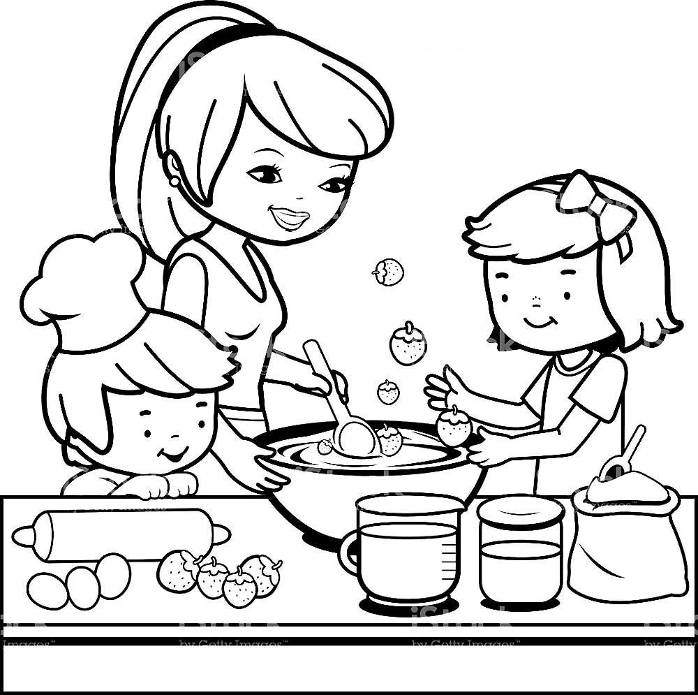 Разукрашка мама и дети на кухне