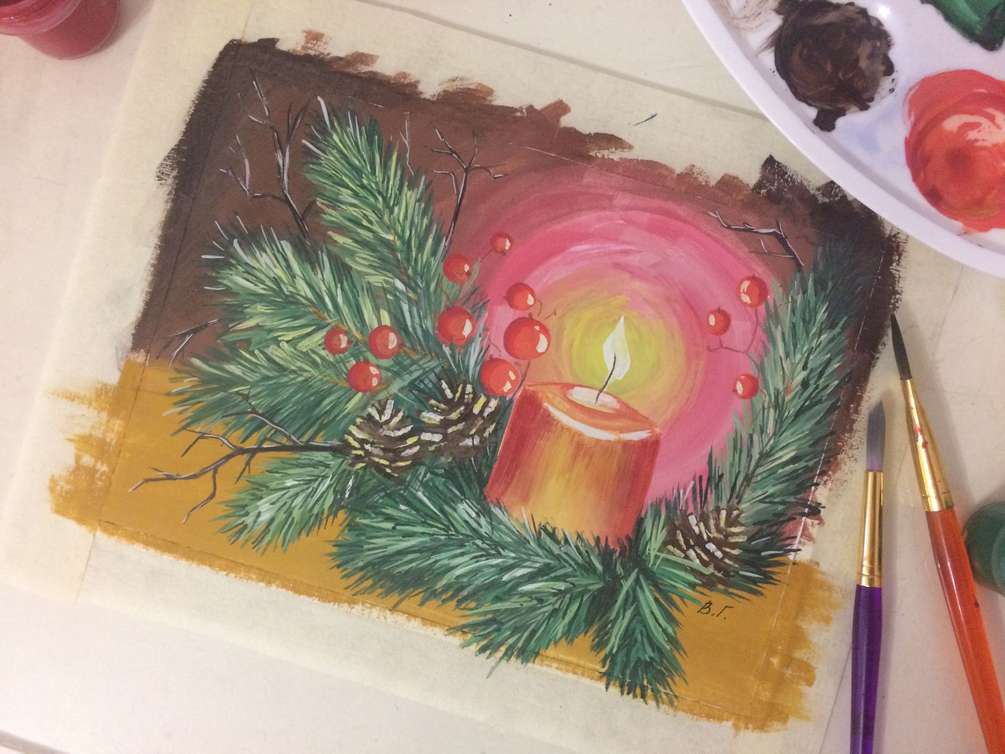 Рождественский рисунок гуашью