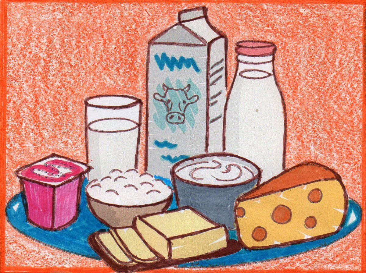 Нарисовать молочные продукты