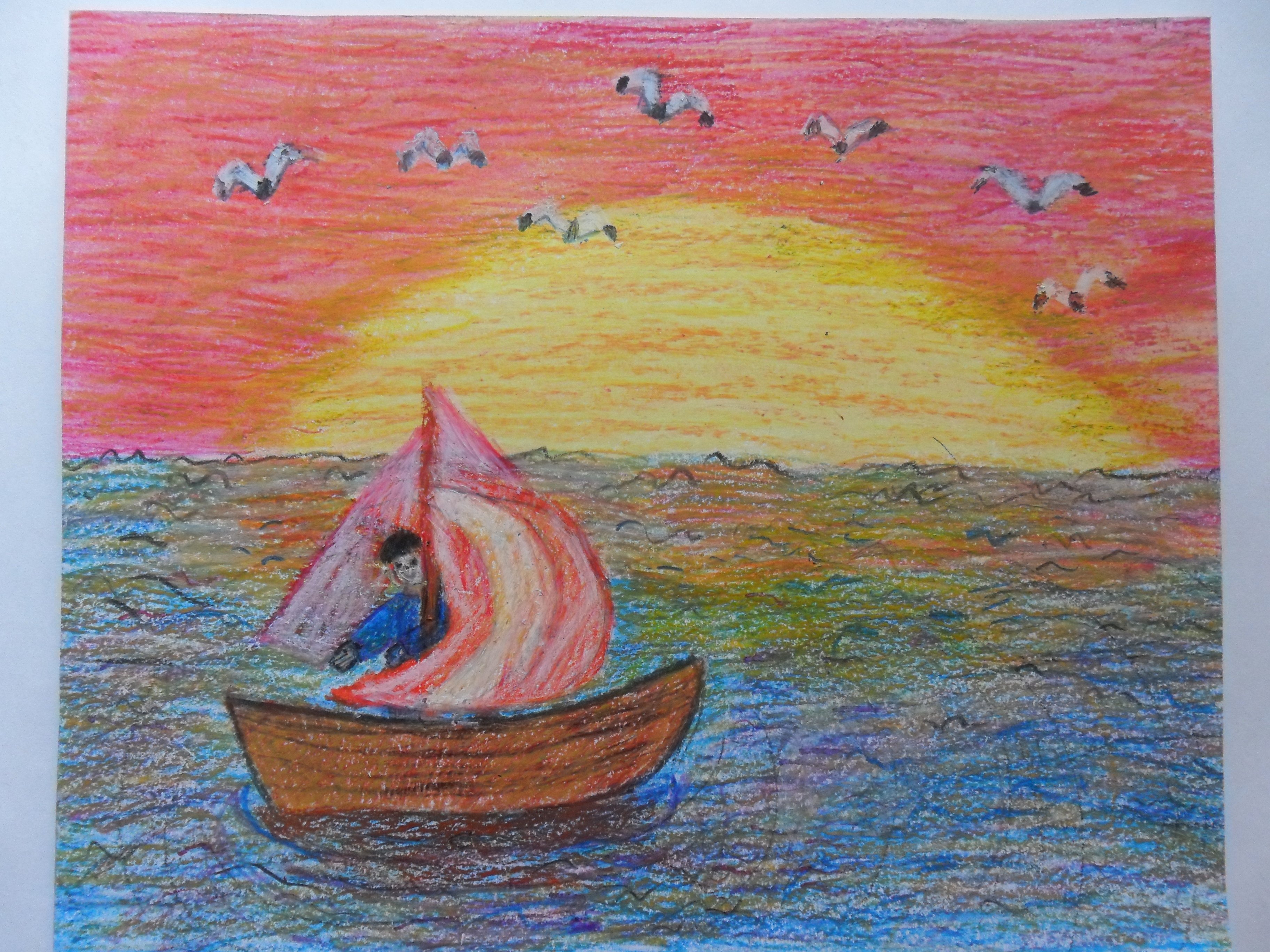 Море цветными карандашами для детей