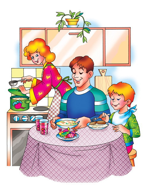 Мама папа алеша. Сюжетная картина на кухне. Иллюстрация ужин ребенка. Обедать рисунок. Ужин с семьей рисунок.