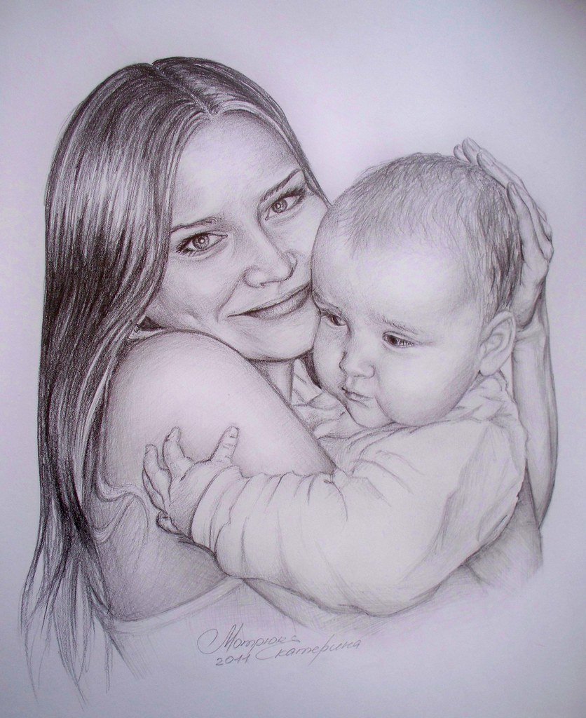 Портрет мамы и ребенка карандашом