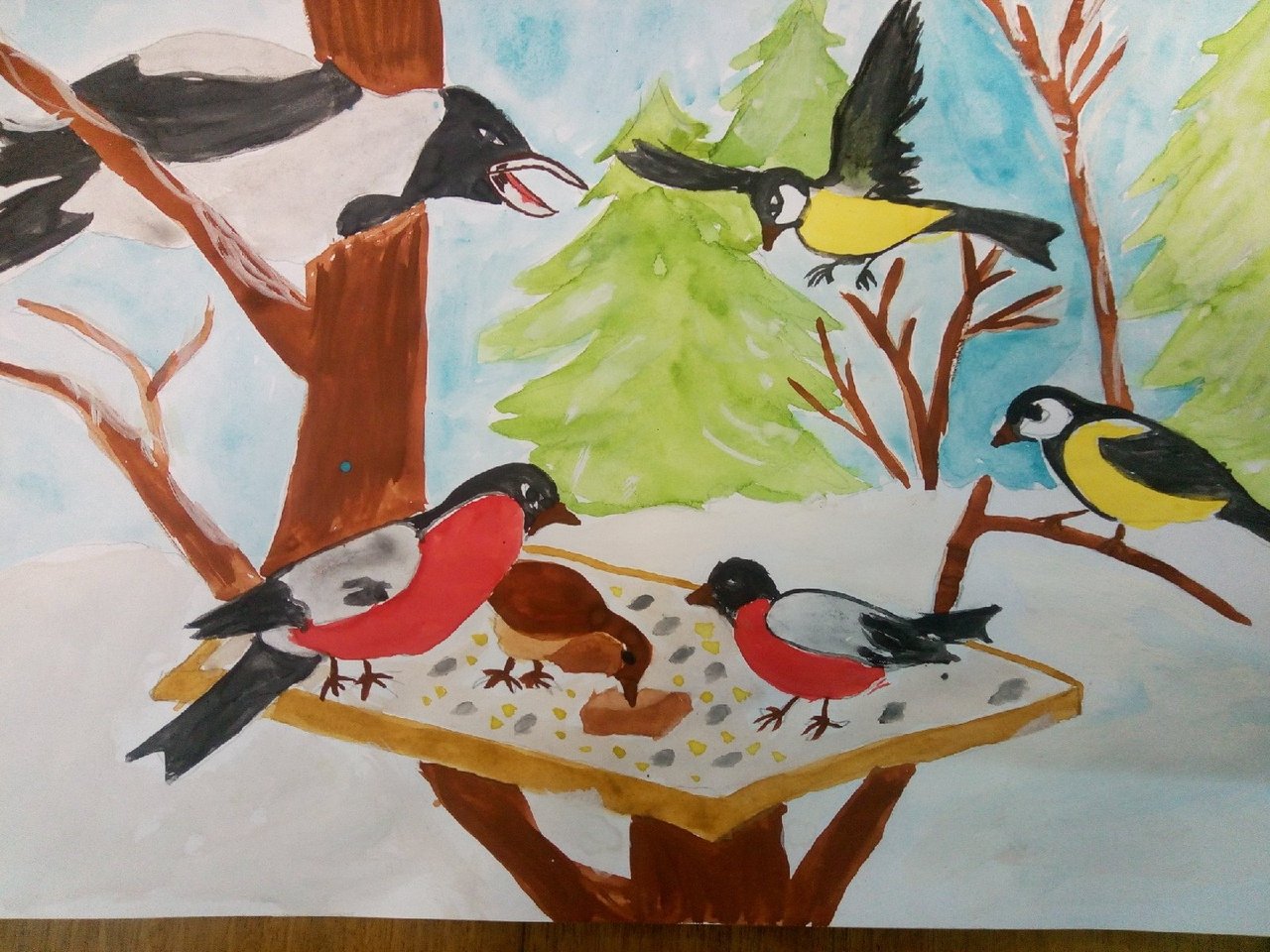 Рисование птицы зимой