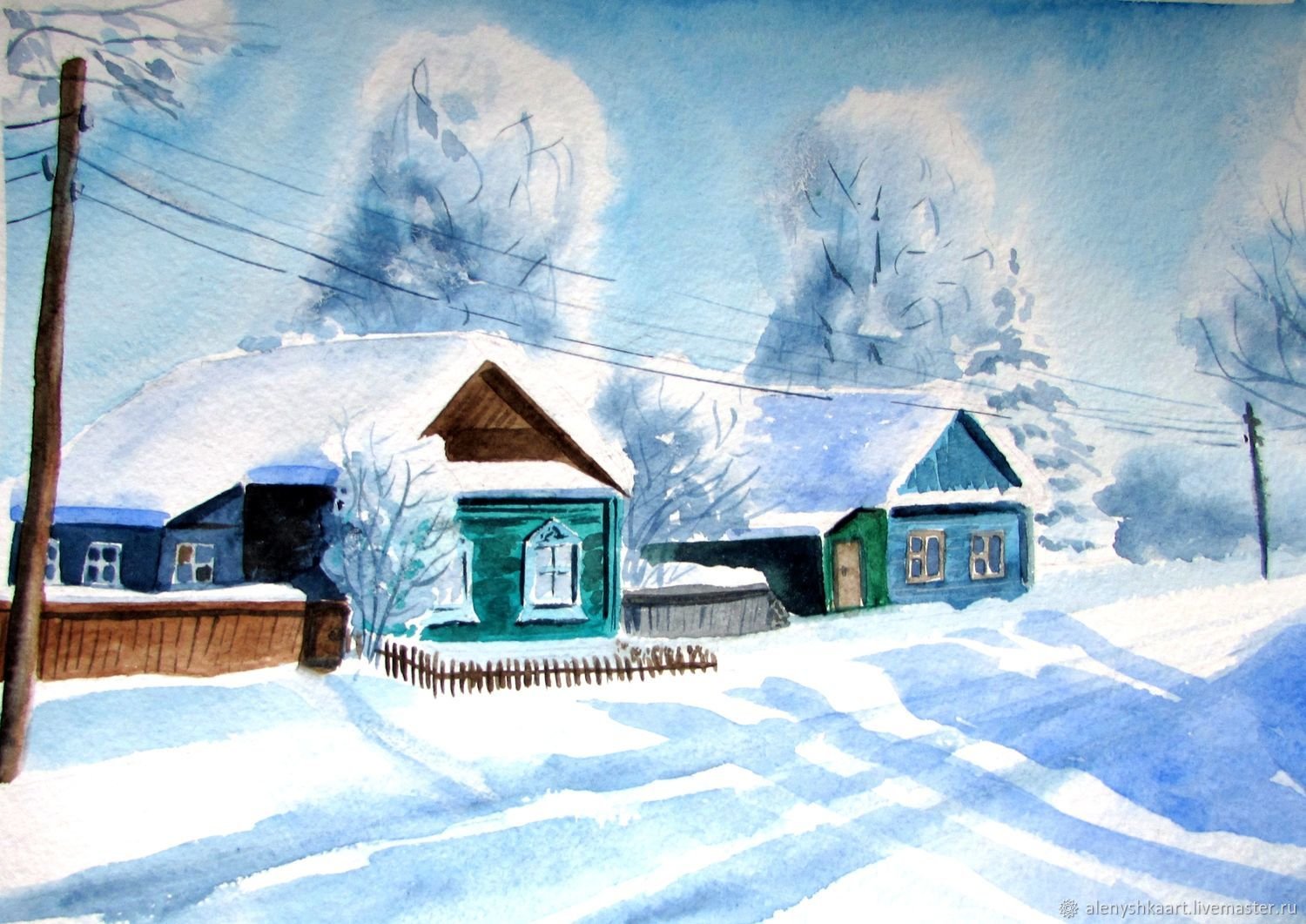 Рисование зимняя деревня