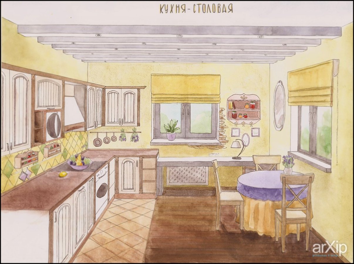Эскиз интерьера кухни столовой