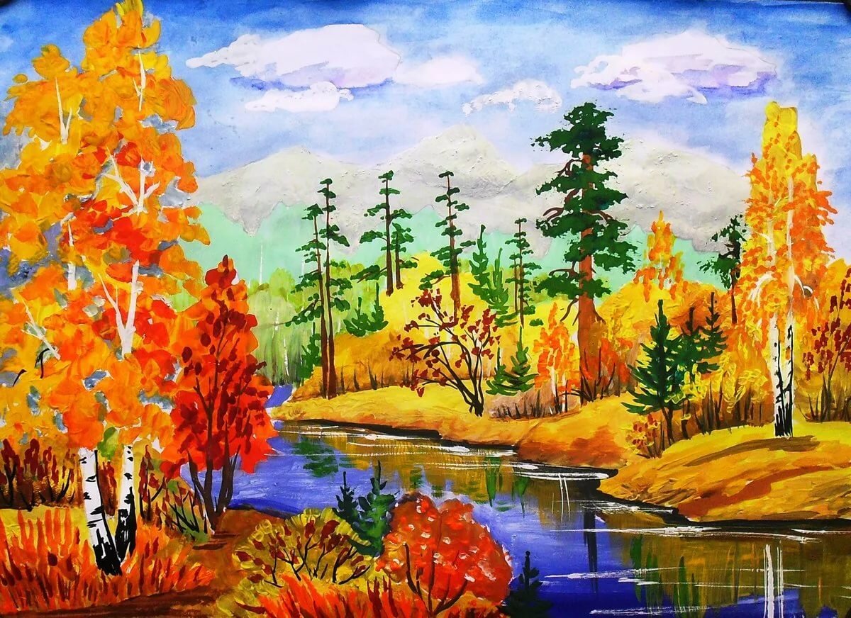Осенний пейзаж класс. Краски осени. Осенний пейзаж гуашью. Осенний пейзаж для детей. Краски осени рисунок.
