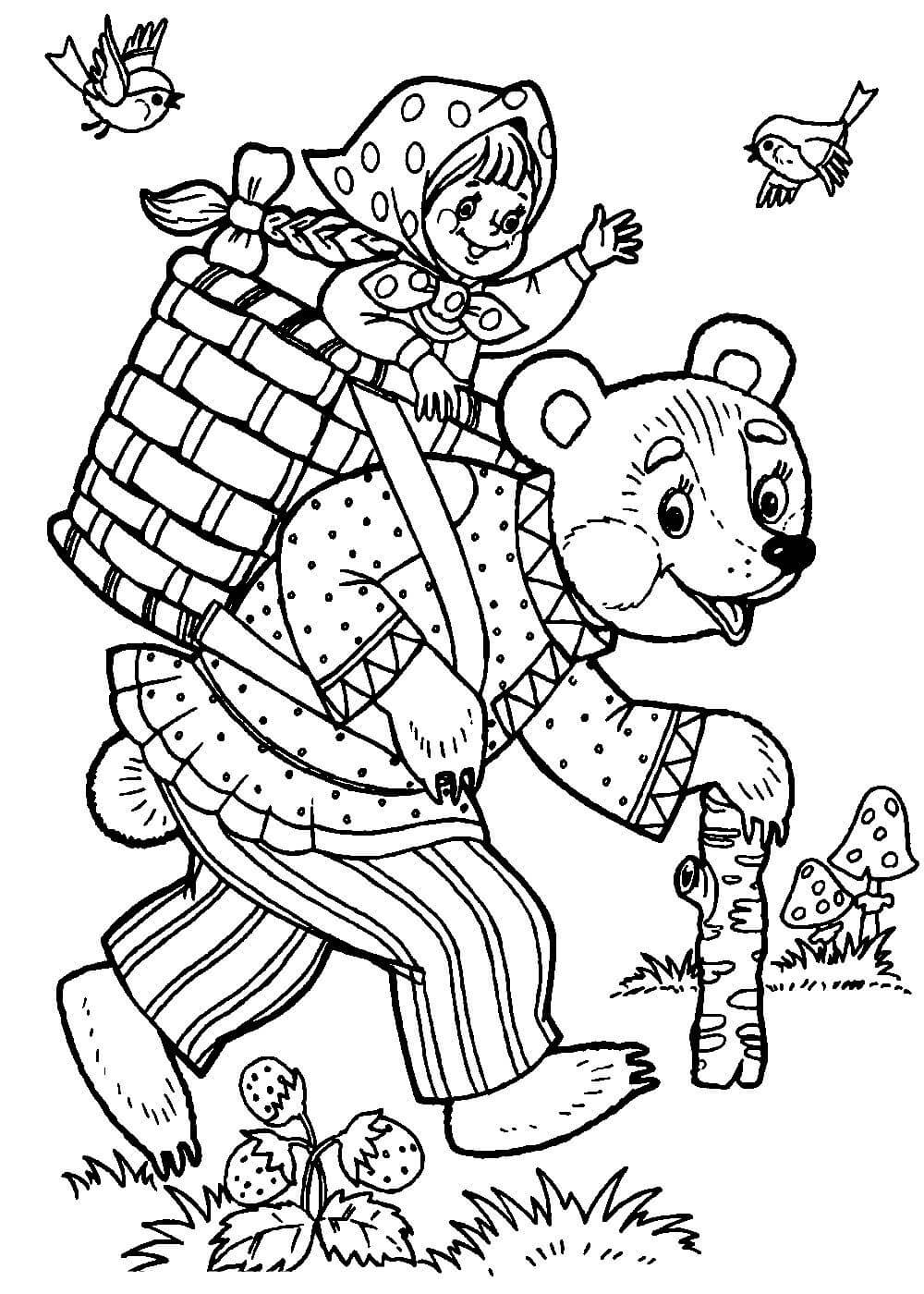 Раскраска из сказки Маша и медведь русская народная сказка