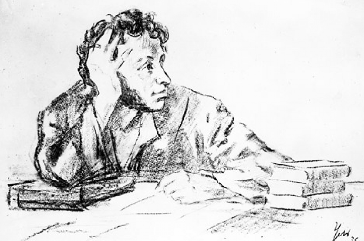 Портрет Пушкина за столом