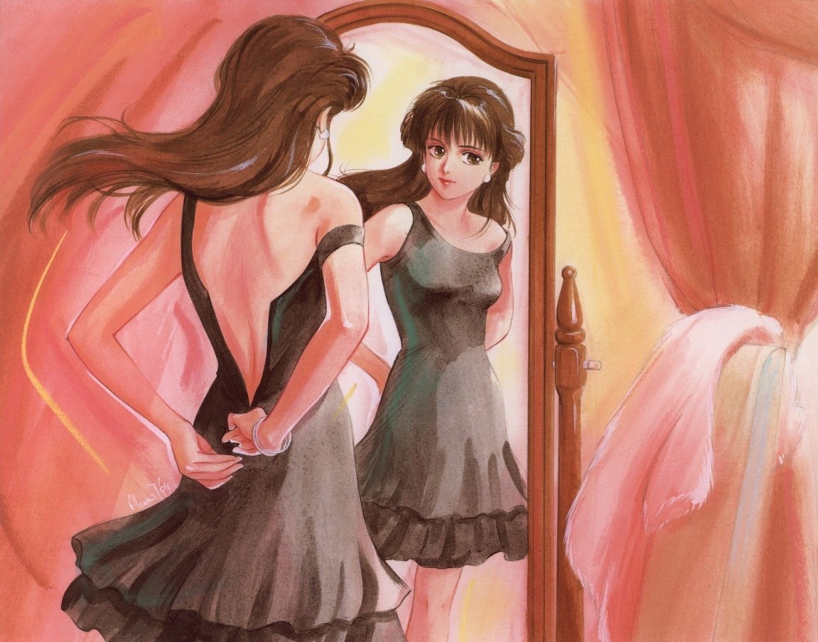 Аниме девушка перед зеркалом