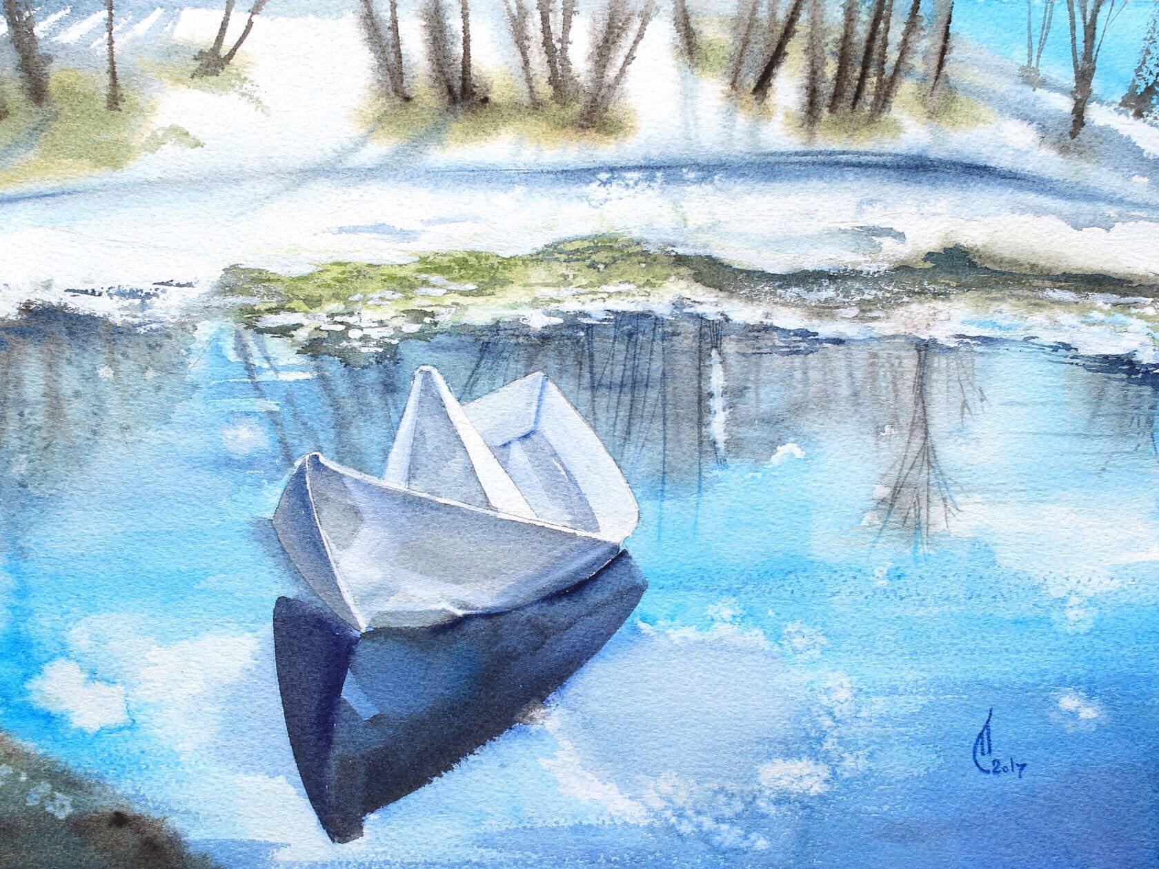 Бумажный кораблик в весеннем ручье