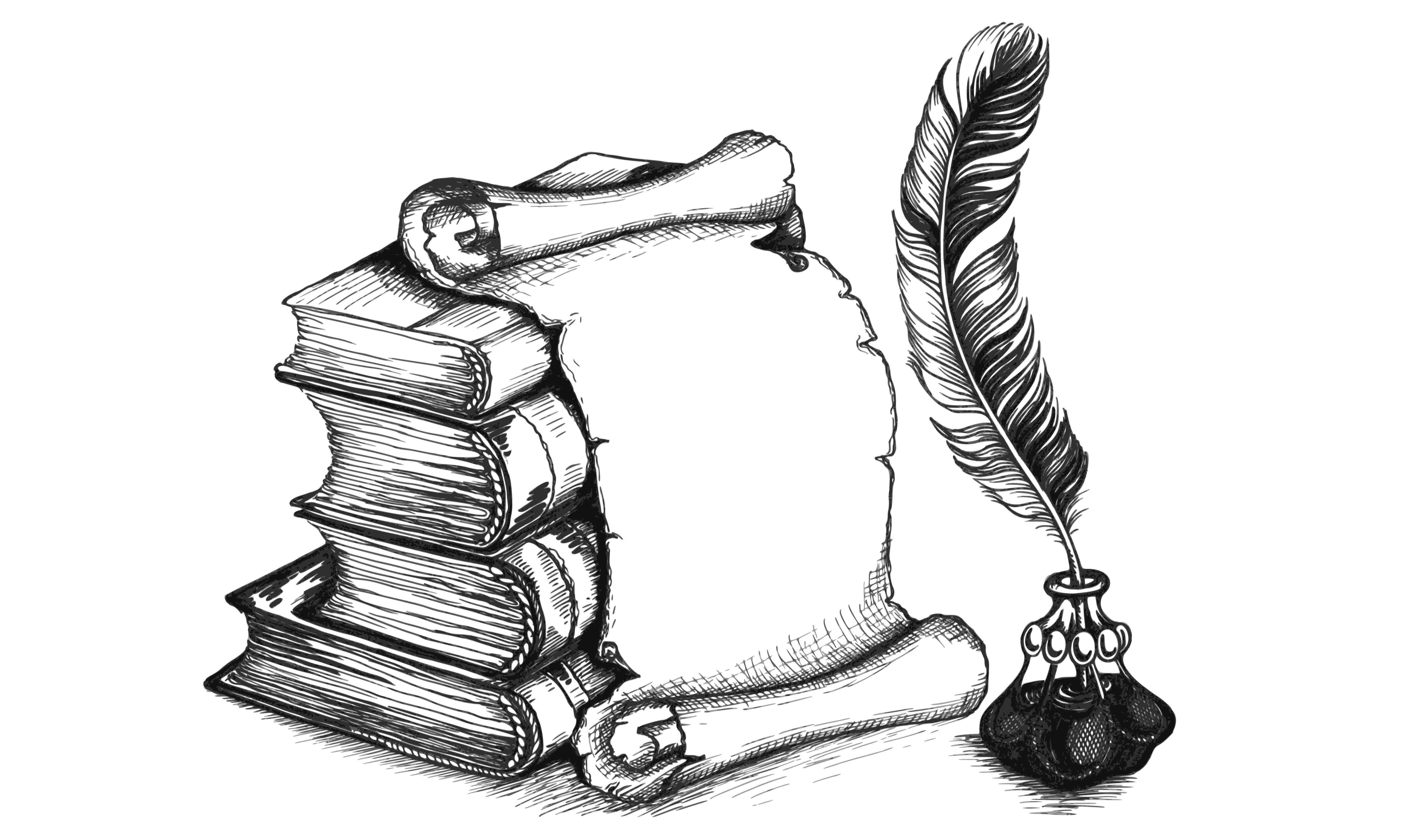 Рисунок пера и чернильницы и книги